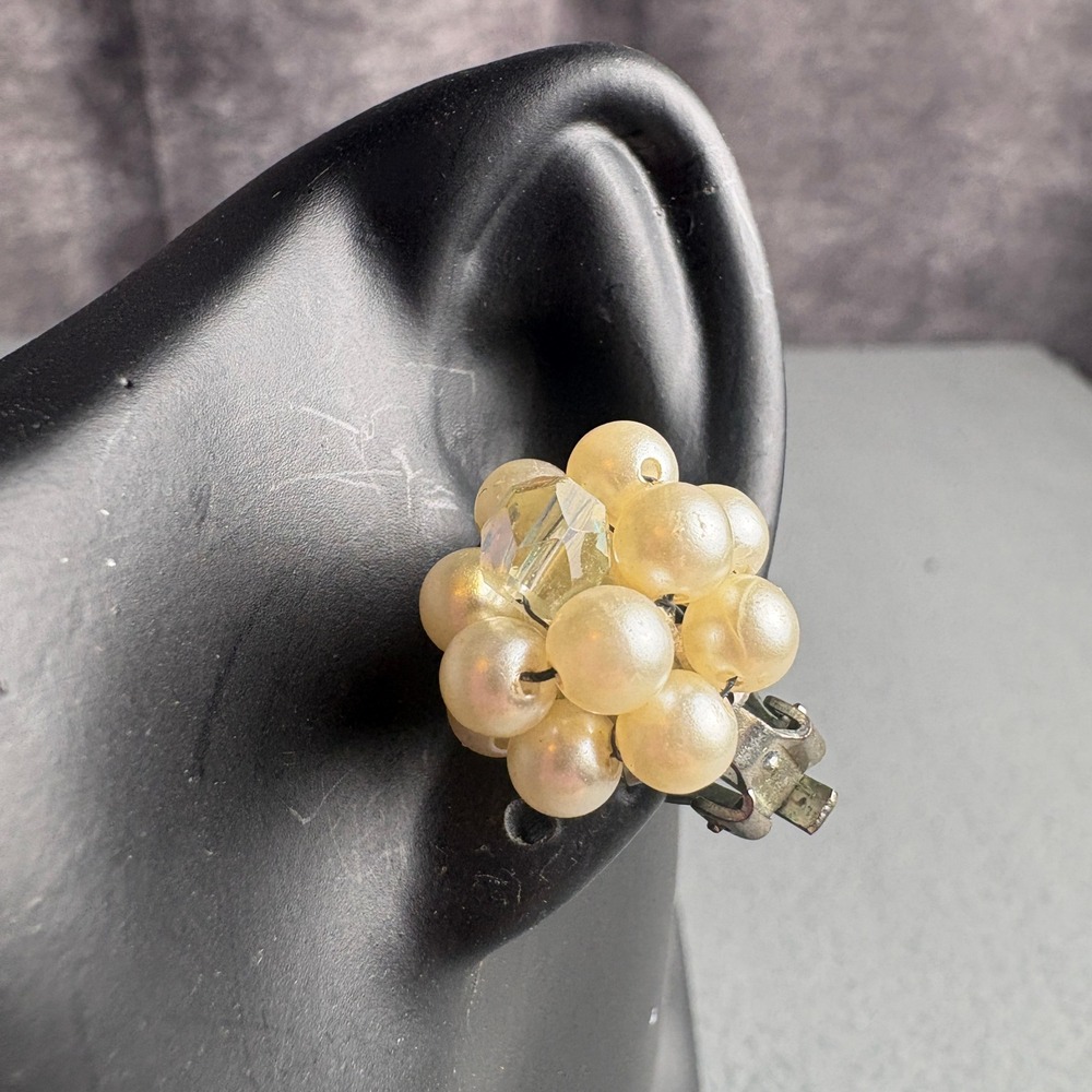 Vintage Japan Faux Pearl AB Crystal Cluster Clip On Earrings Silver Tone